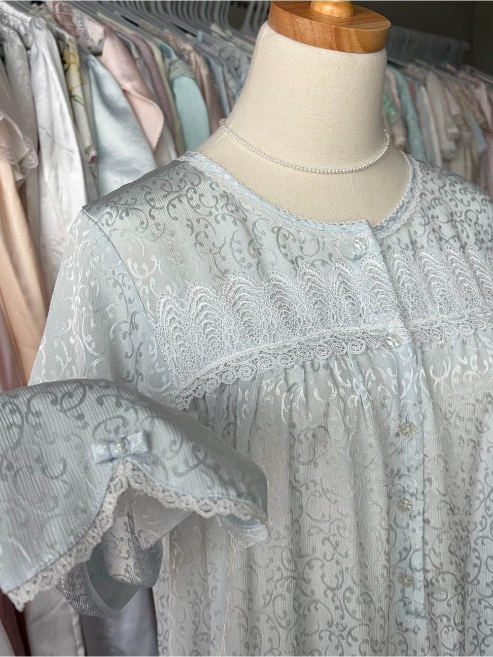 vintage oscar de la renta blue jacquard sleep dress nightgown lace trim